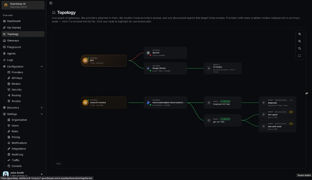 Topology graph with gateways, providers, models, and agents