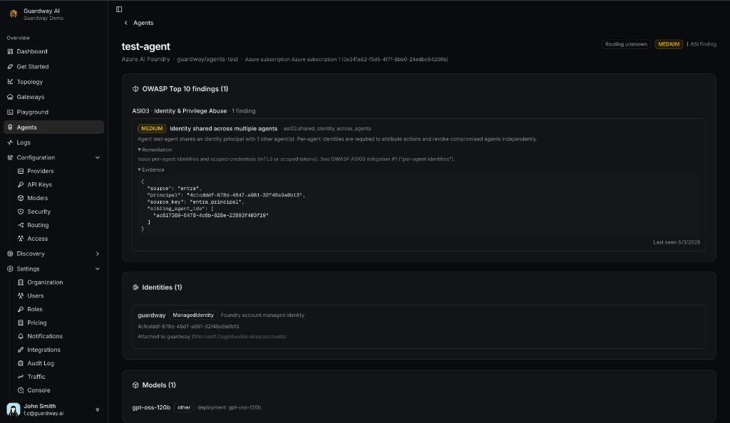 Agent detail with OWASP findings and Identities