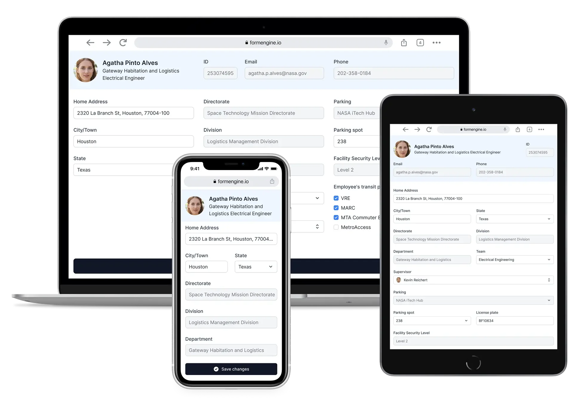 FormEngine Core — responsive form rendered on desktop, tablet, and mobile from a single JSON schema