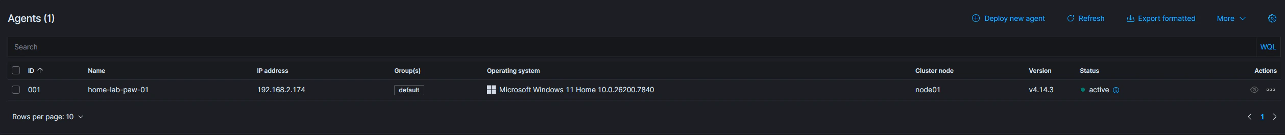 First Windows agent visible in the Wazuh dashboard