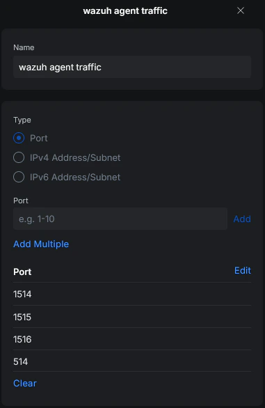 Network object showing required ports for Wazuh agent communication