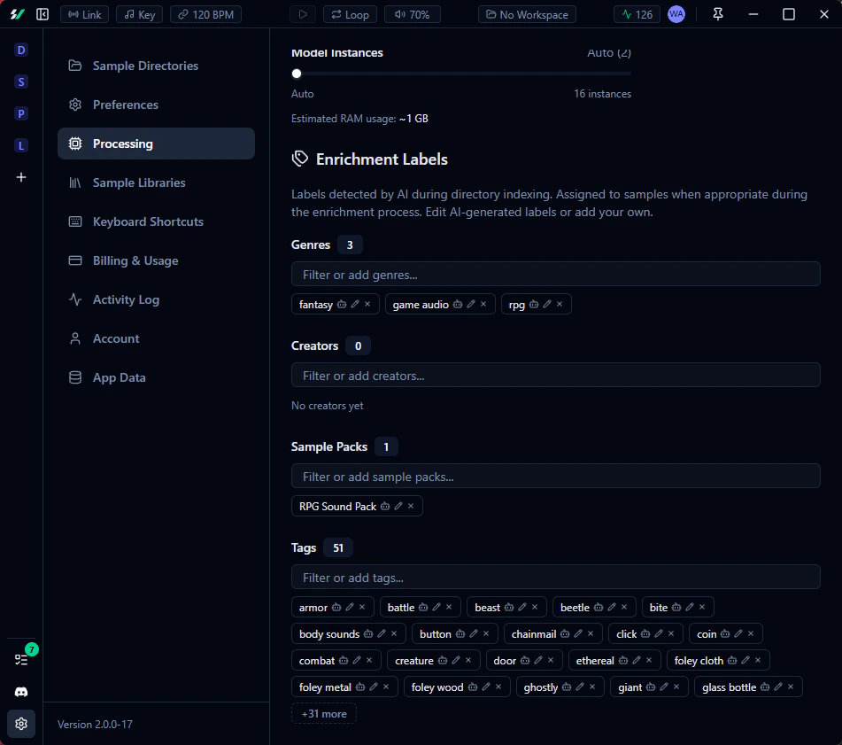 Enrichment Labels settings showing genre, tag, creator, and sample pack controls