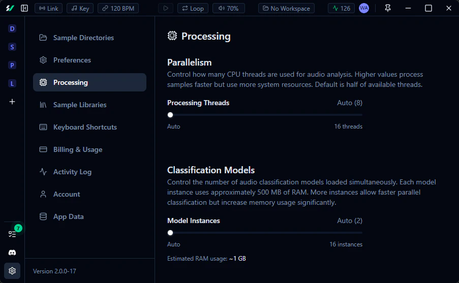 Processing settings showing thread count and classification model controls