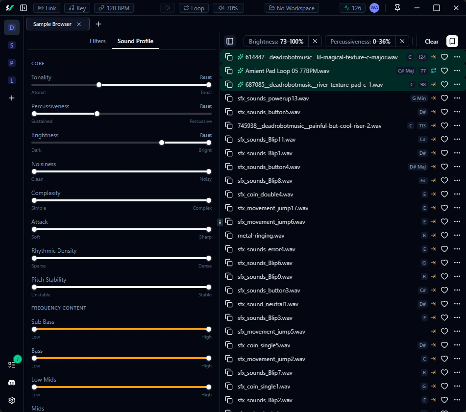 Sound Profile tab showing range sliders for sonic characteristics