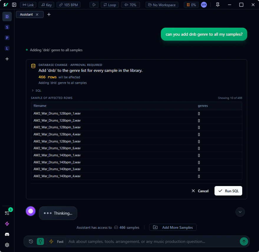 AI assistant running a library query with inline approval panel
