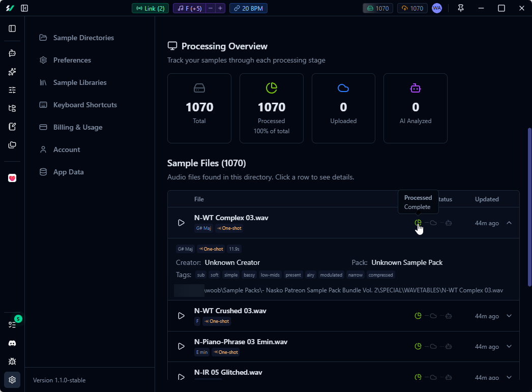 Sample directory view showing detailed sample metadata and processing status