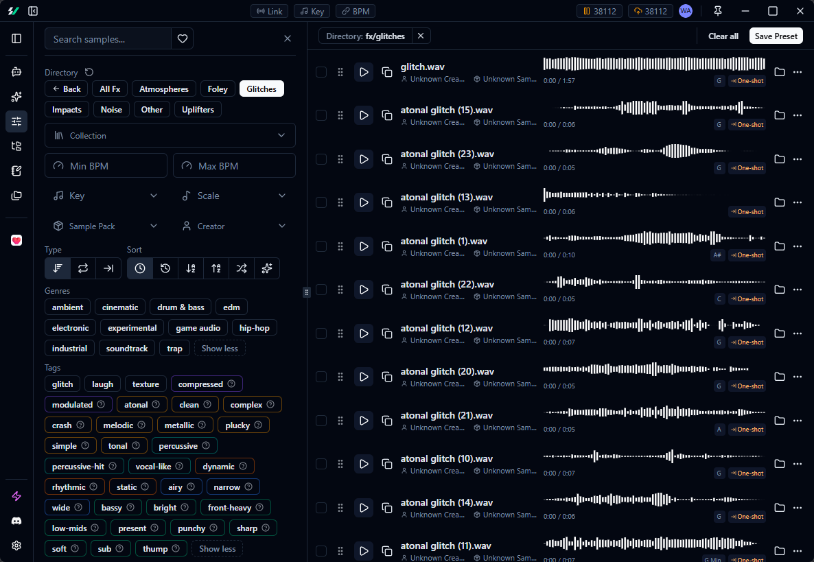 New sample browser filters panel