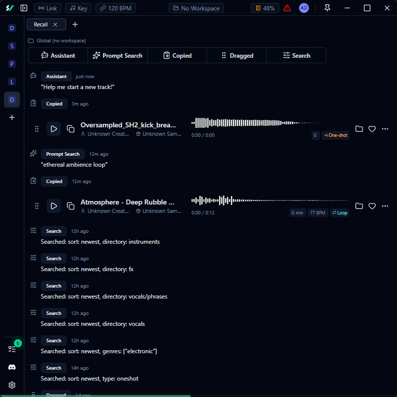 Recall tab with interaction history and embedded sample players