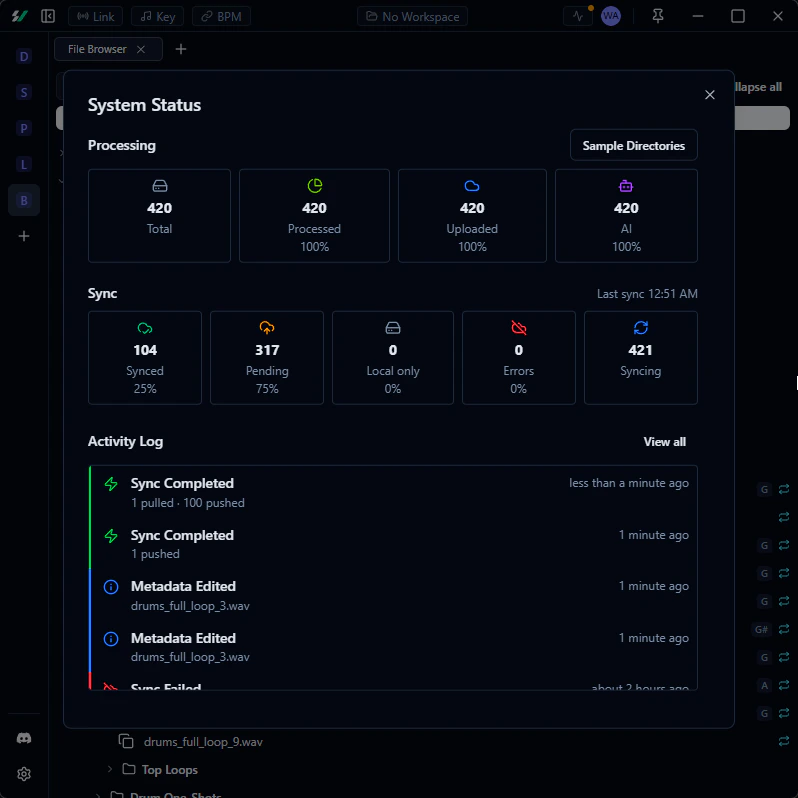 System status indicator showing processing and sync state