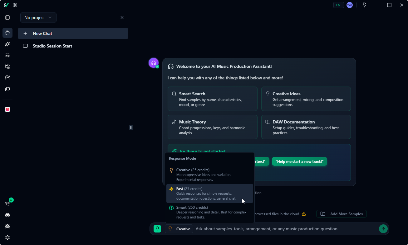 Dropdown menu showing the new AI Assistant Fast Mode option