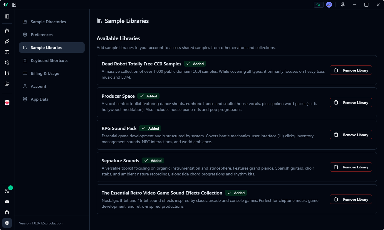 Public sample libraries management interface