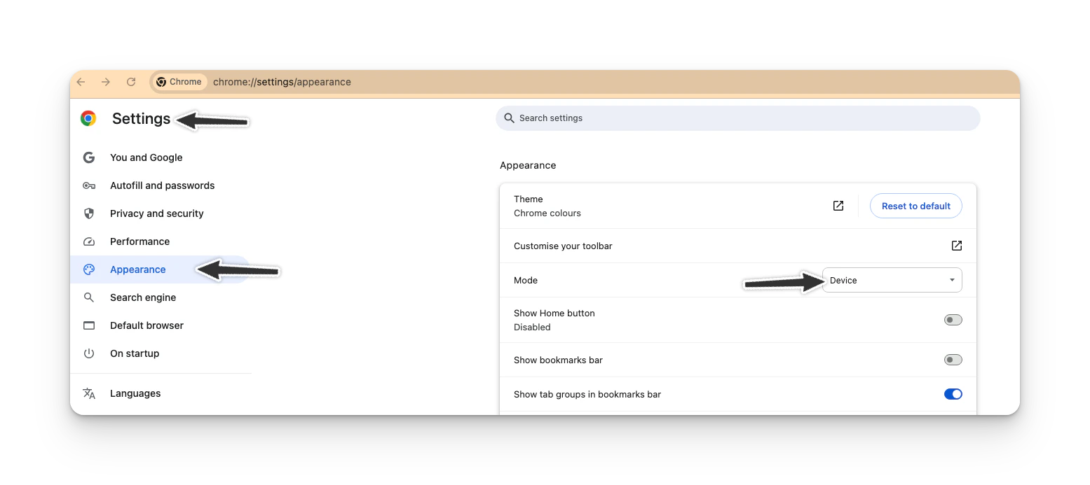 Chrome Settings Dark Light