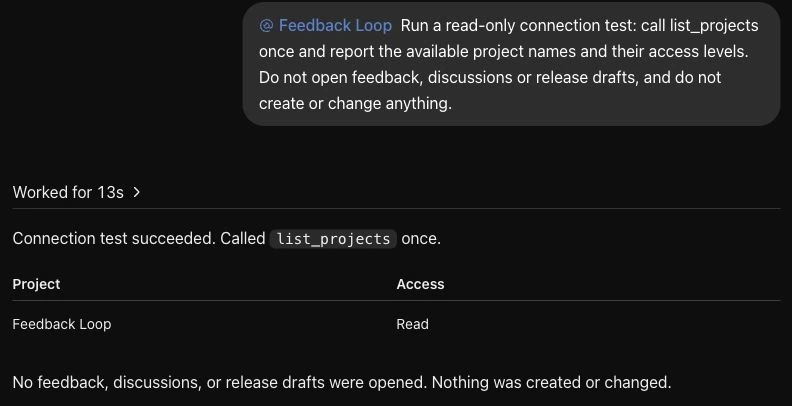 ChatGPT conversation reporting one successful list_projects call and Feedback Loop with Read access
