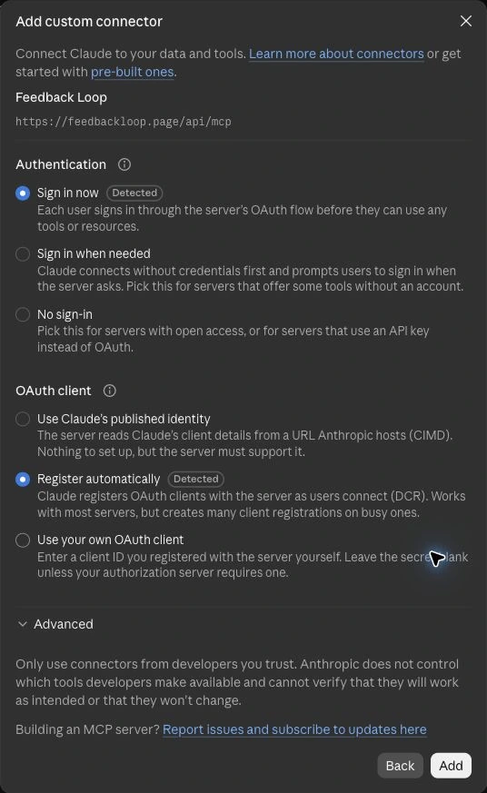Claude Add custom connector dialog for Feedback Loop with Sign in now and Register automatically selected