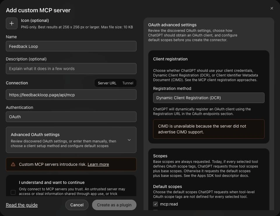 ChatGPT Add custom MCP server form with the Feedback Loop URL, OAuth authentication and Dynamic Client Registration selected