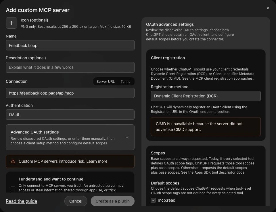 ChatGPT Add custom MCP server form with the Feedback Loop URL, OAuth authentication and Dynamic Client Registration selected