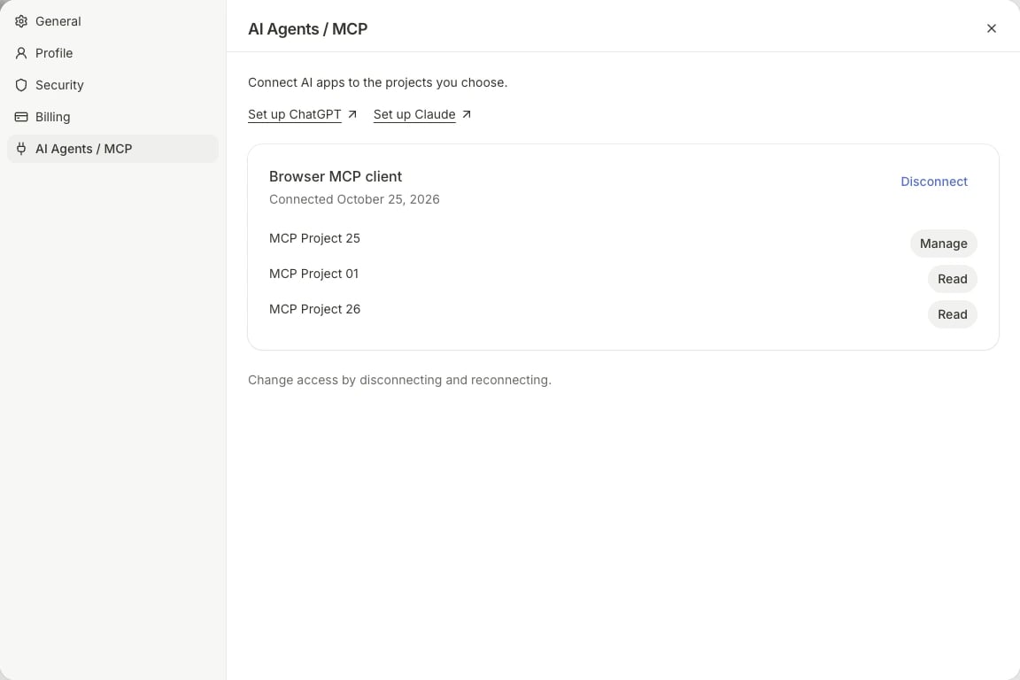Feedback Loop account AI Agents / MCP settings showing an example connected app with project access and a Disconnect button