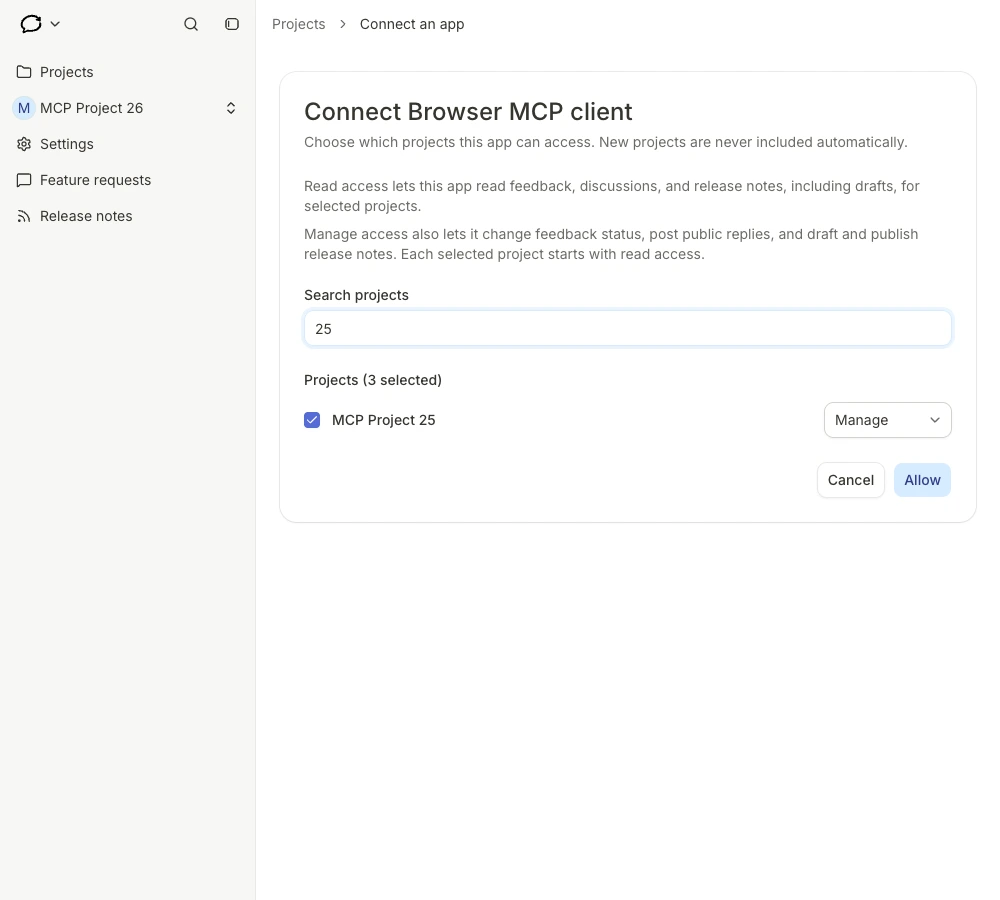 Feedback Loop authorization screen with example projects selected for Read and Manage access