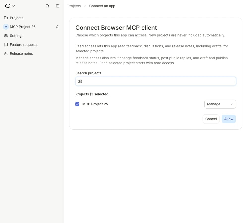 Feedback Loop authorization screen with example projects selected for Read and Manage access