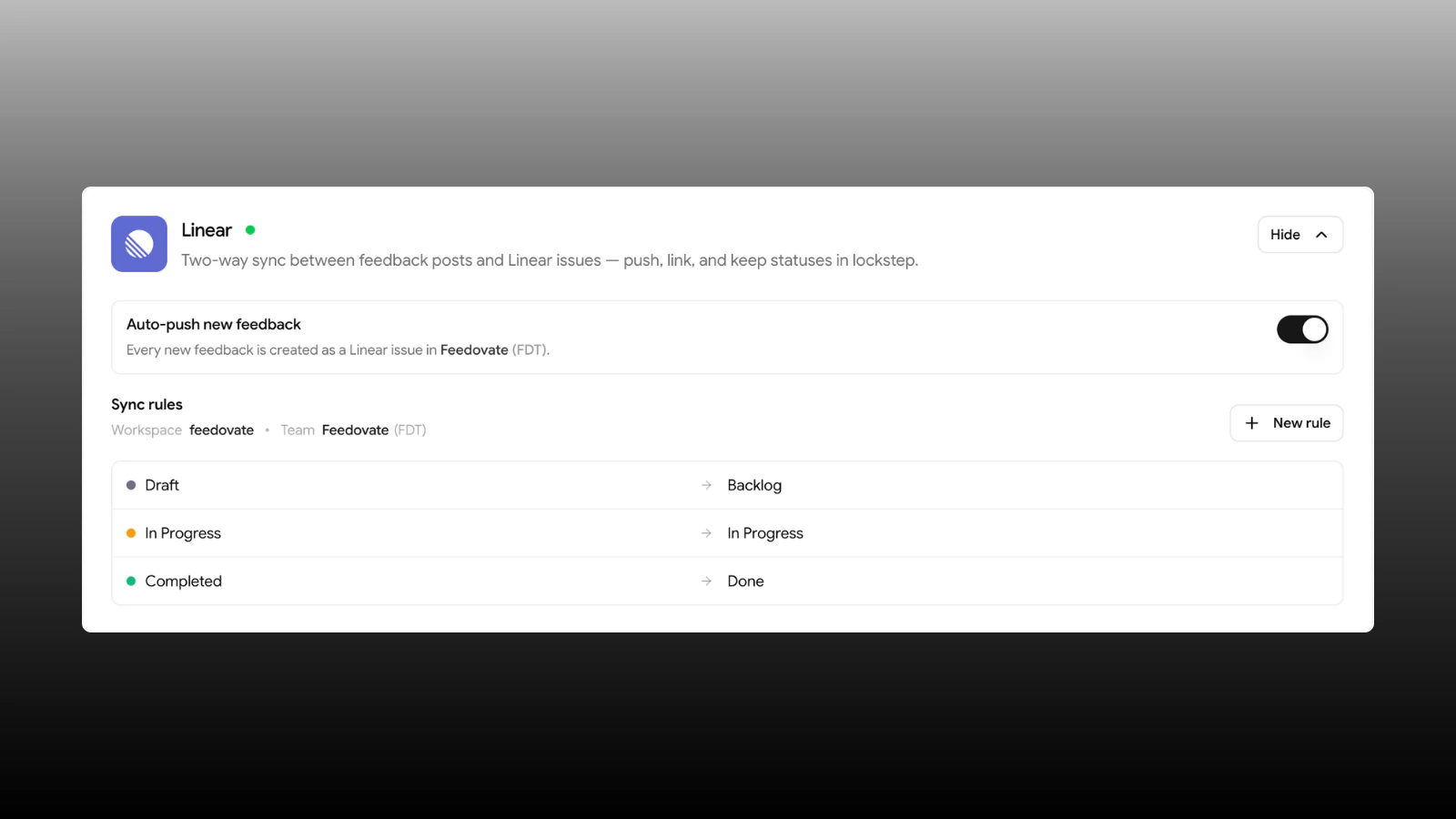 Auto-push new feedback toggle in Linear integration settings
