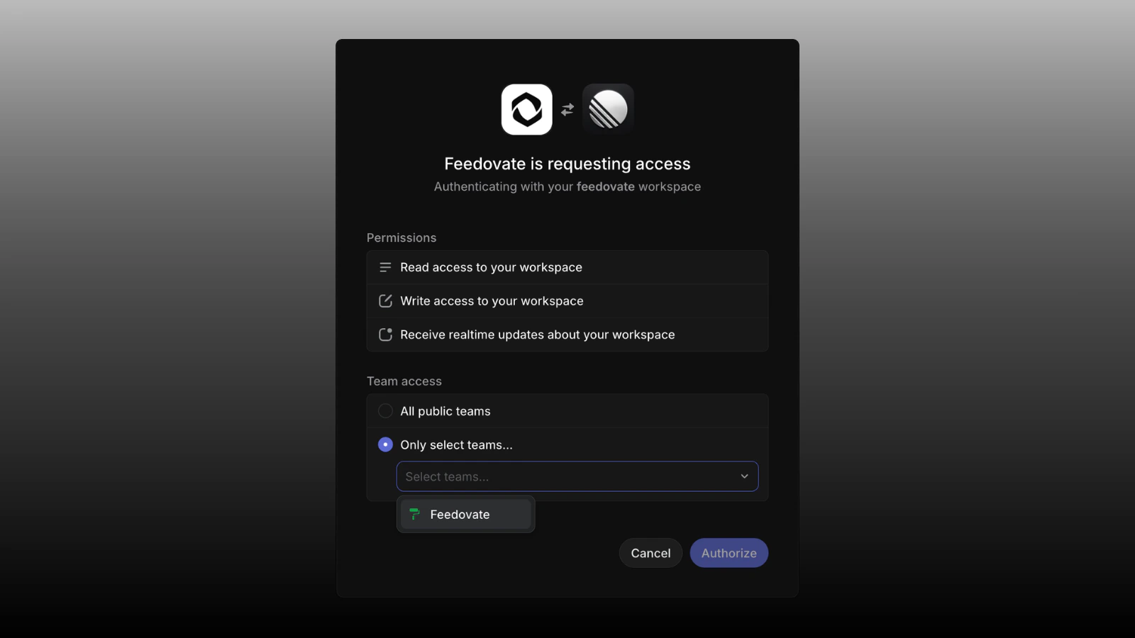 Feedovate integrations page with Connect to Linear