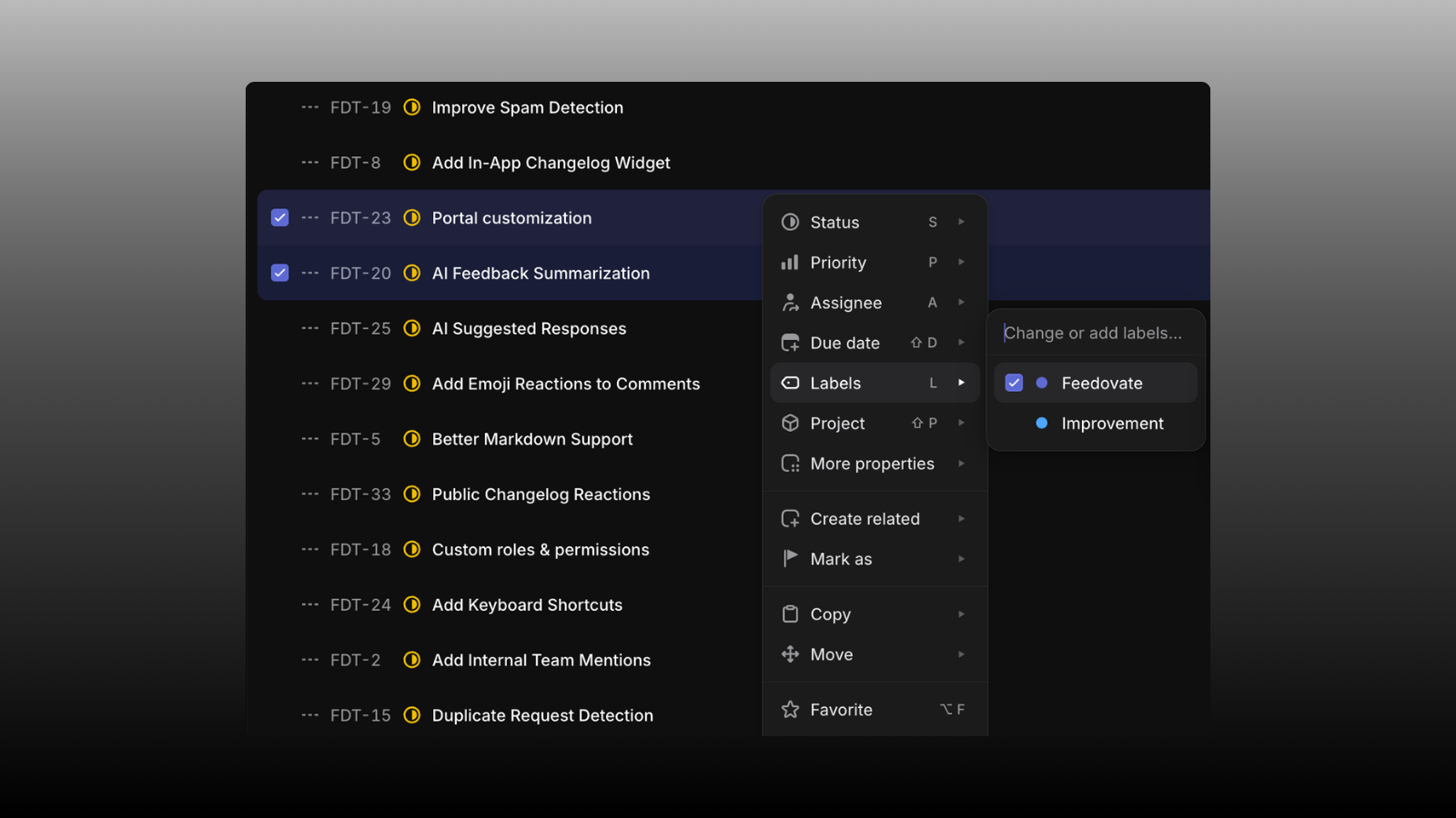 Assign the Feedovate label on a Linear issue to sync it into Feedovate