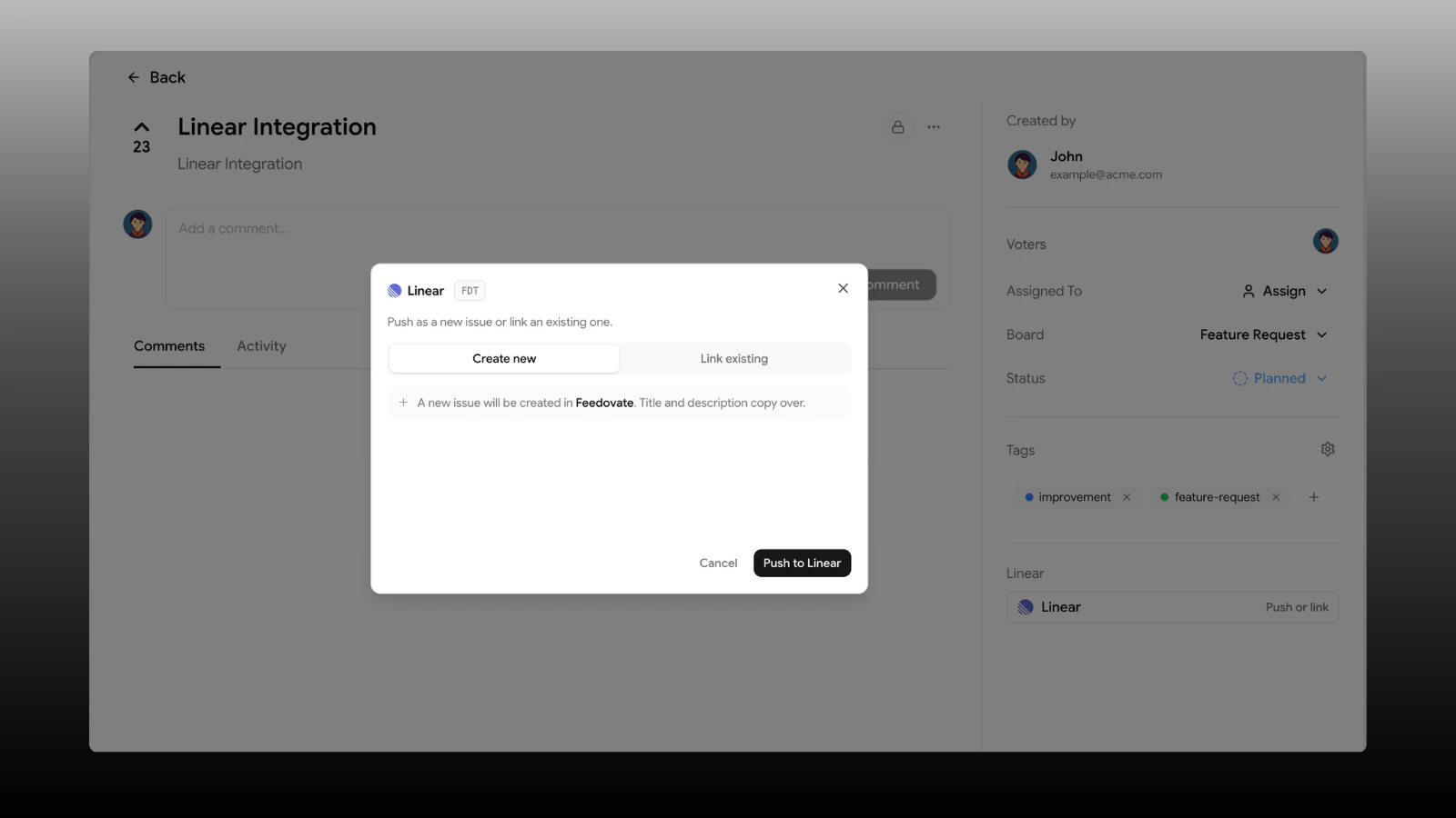 Linear section on a feedback post with push and link options