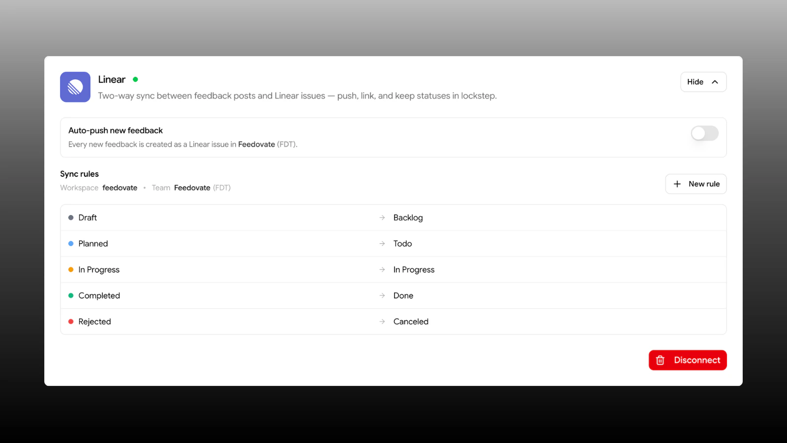 Linear sync rules configuration in Feedovate