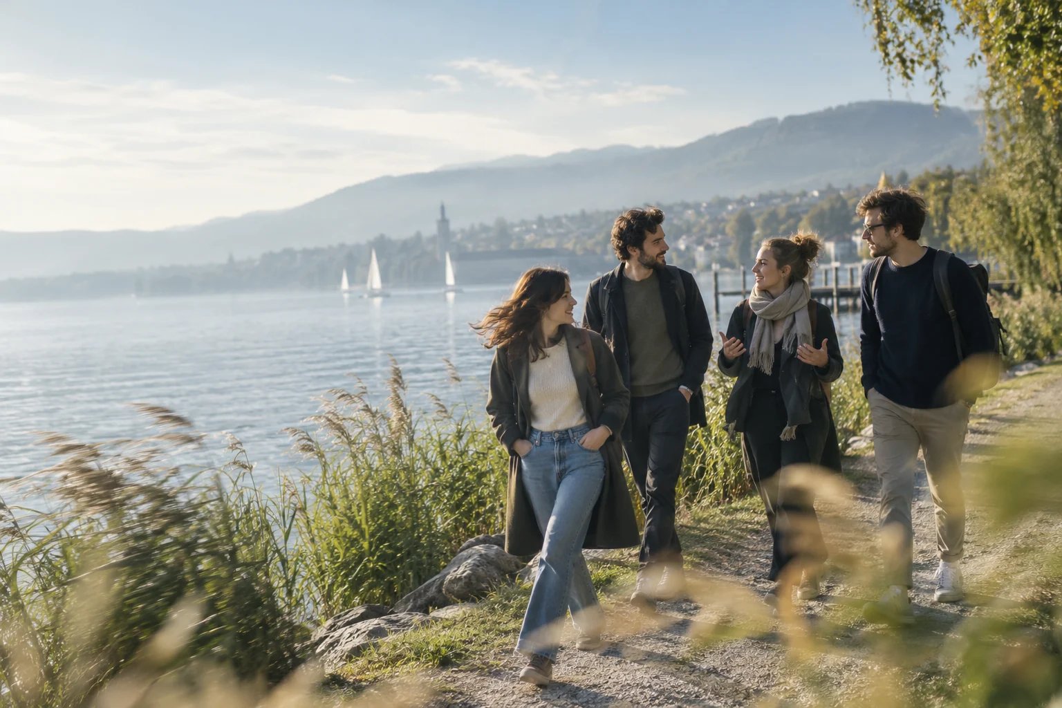 Illustration: vier Menschen spazieren am Morgen an einem See