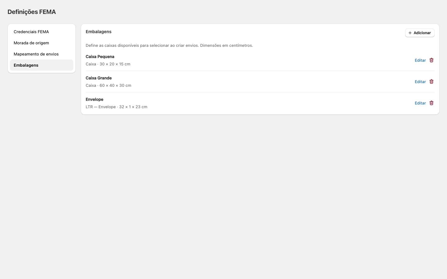 Configuração de embalagens
