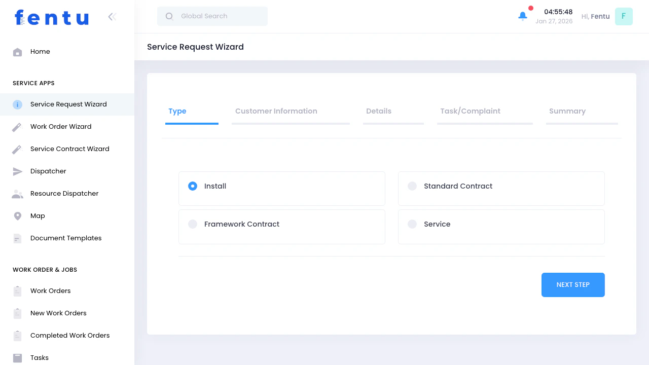 Service Request Type Selection