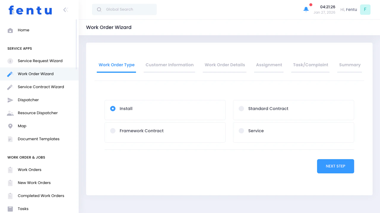 Work Order Type Selection