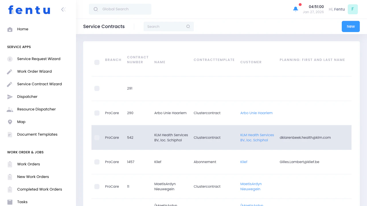 Service Contracts List View