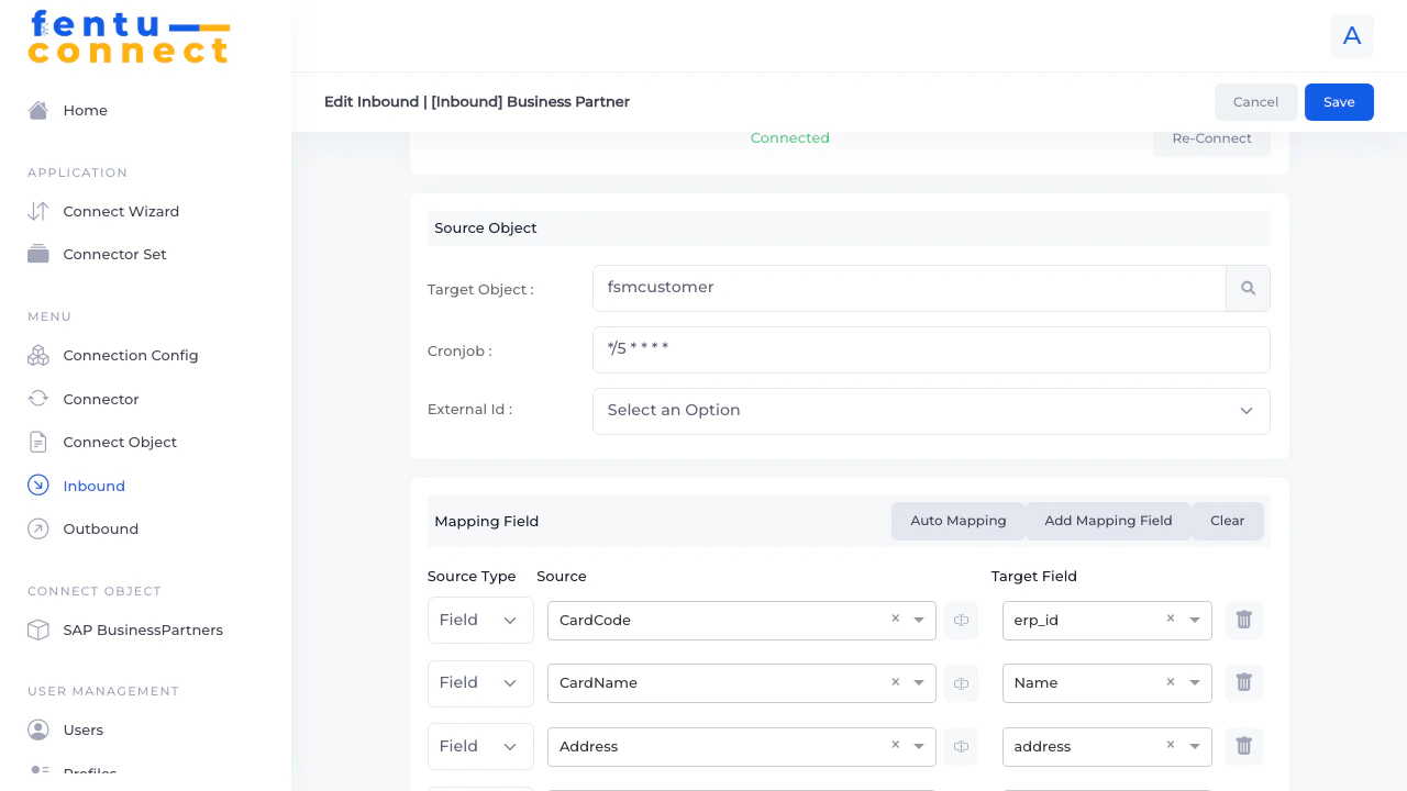 Inbound Connection Field Mapping