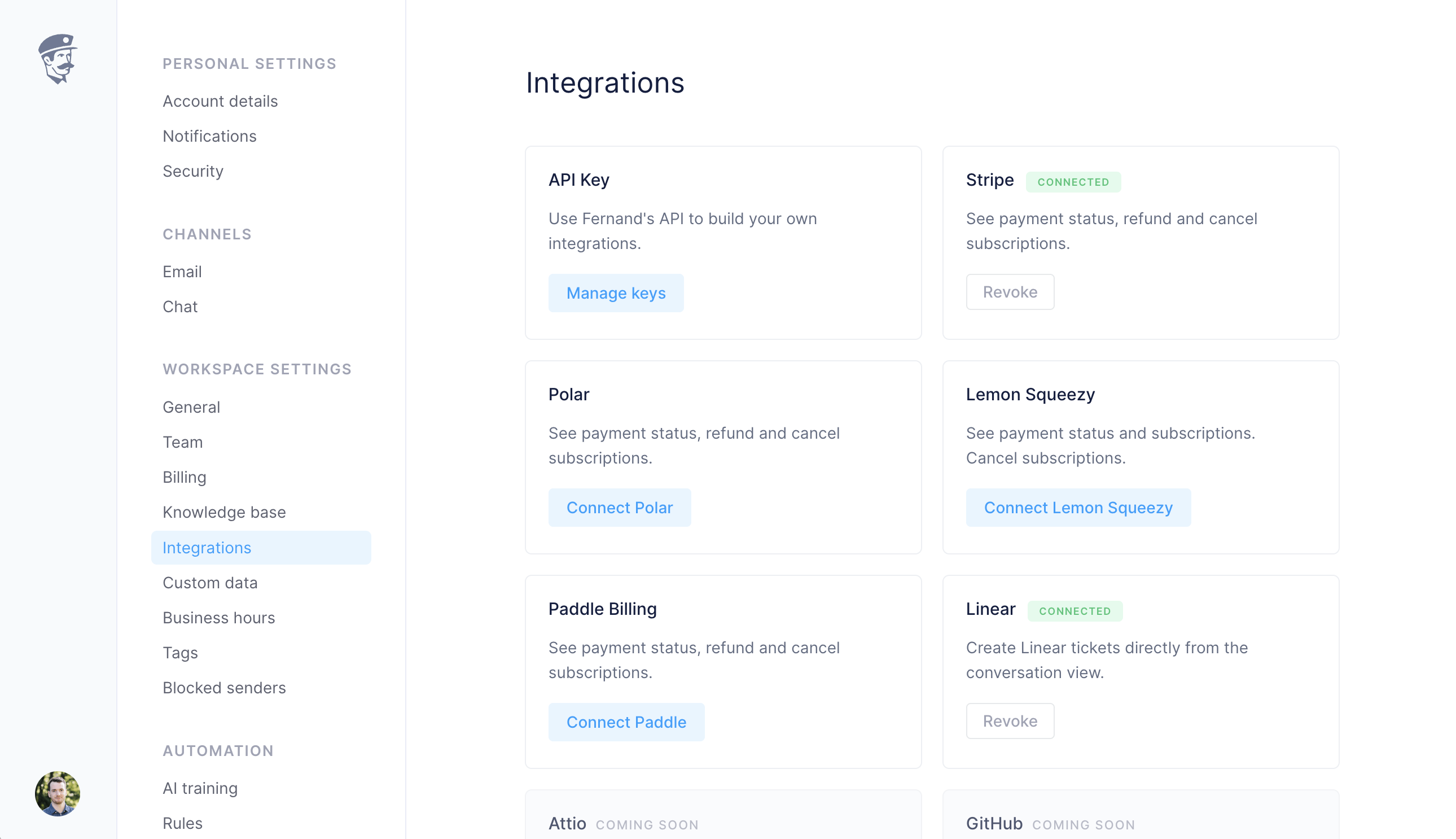 Fernand API integration and key management
