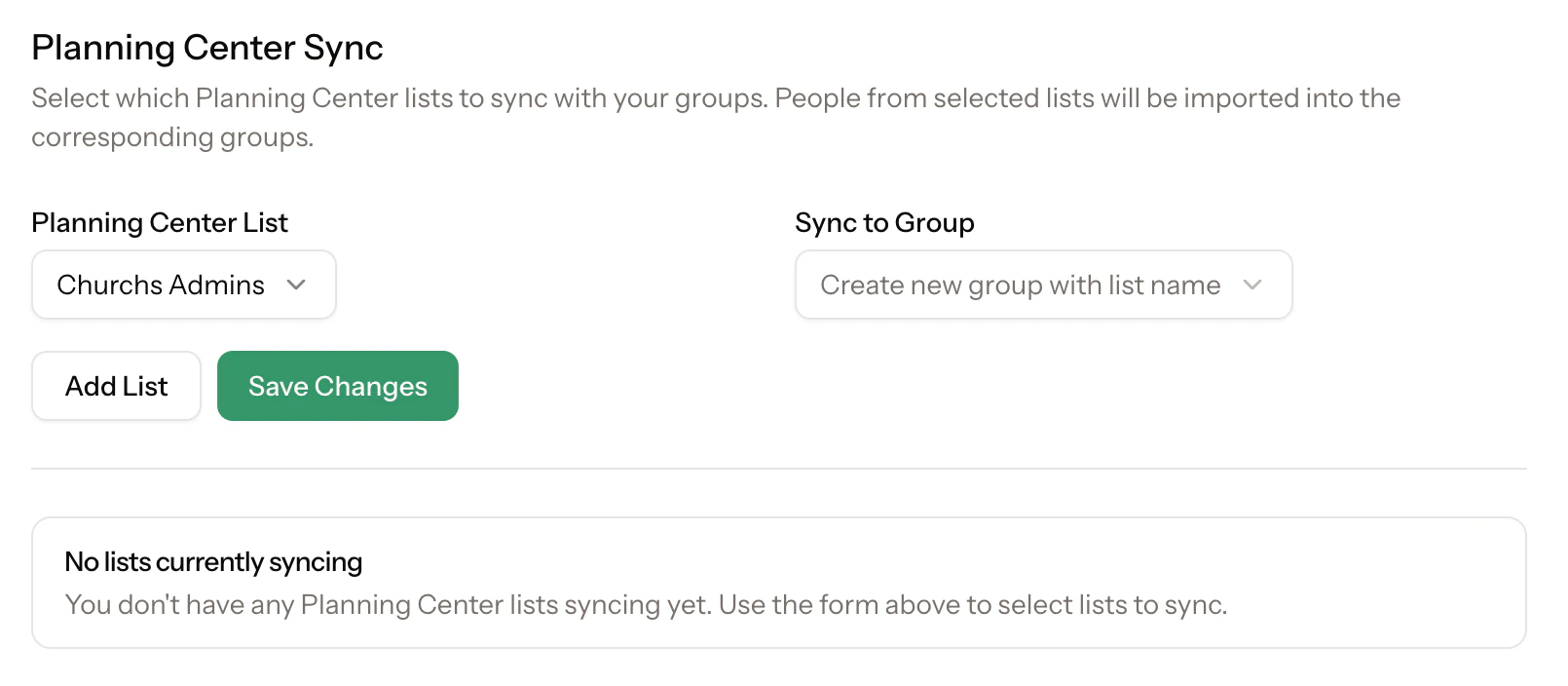 Planning Center sync setup screen showing how to connect a Planning Center list to a ClearPolicy group.