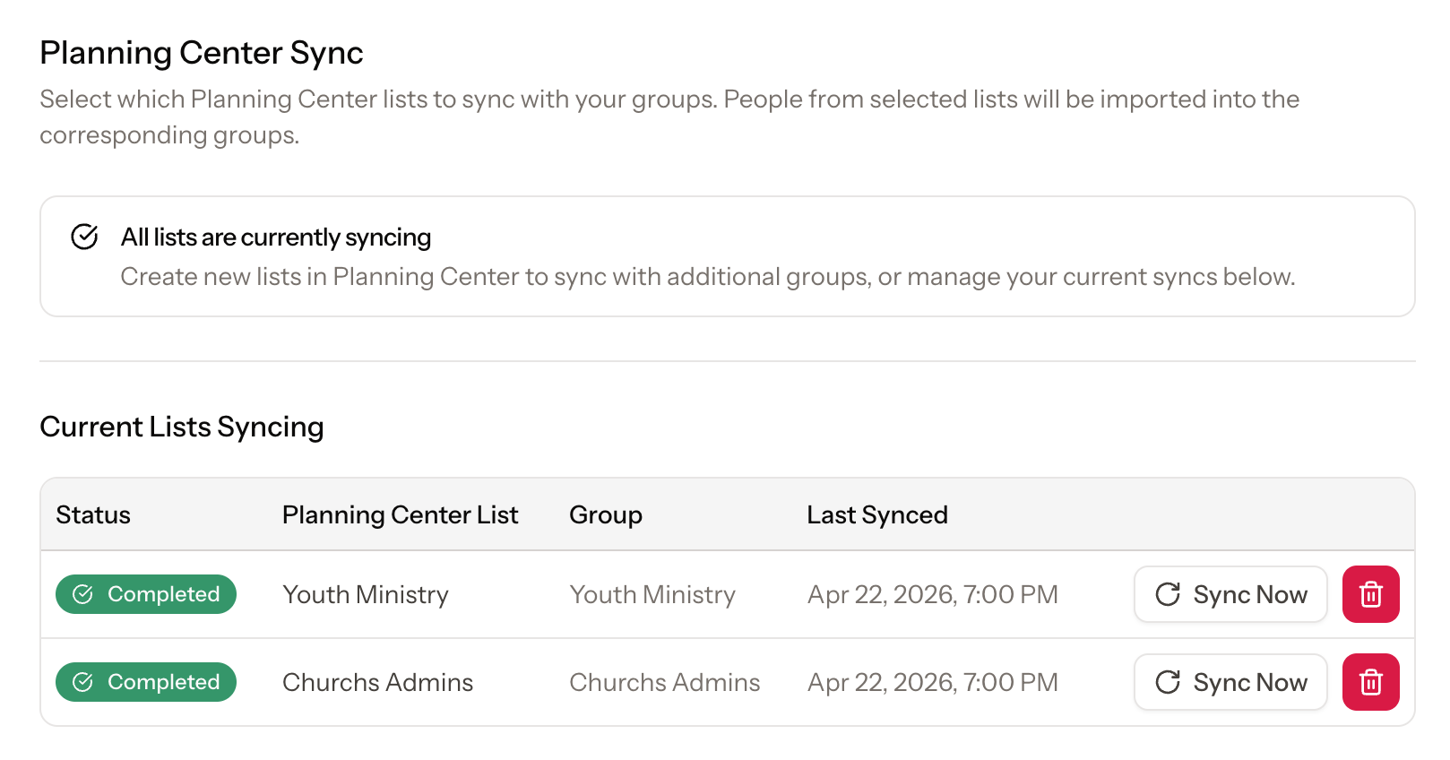 Planning Center sync settings showing connected lists, matching groups, sync status, and the last synced time.