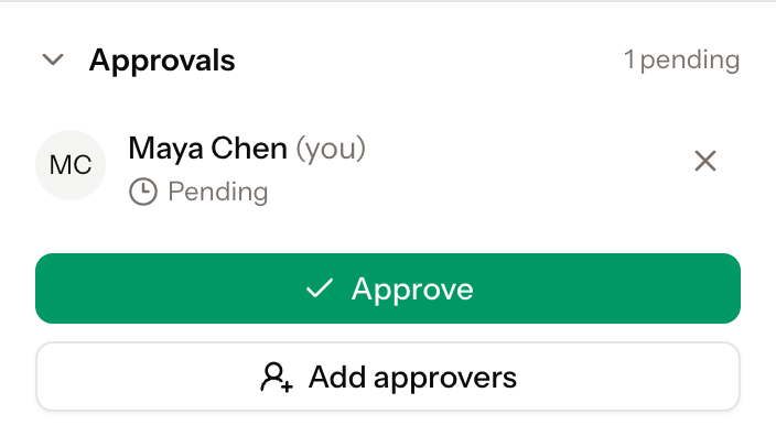 Approvals area showing Maya Chen's pending approval and the Approve button.