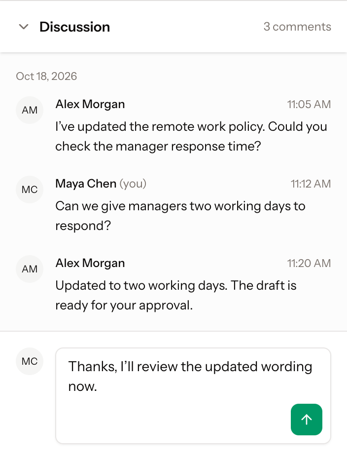Discussion showing a policy change requested by Maya Chen, Alex Morgan's update, and a drafted reply with the Post comment arrow.