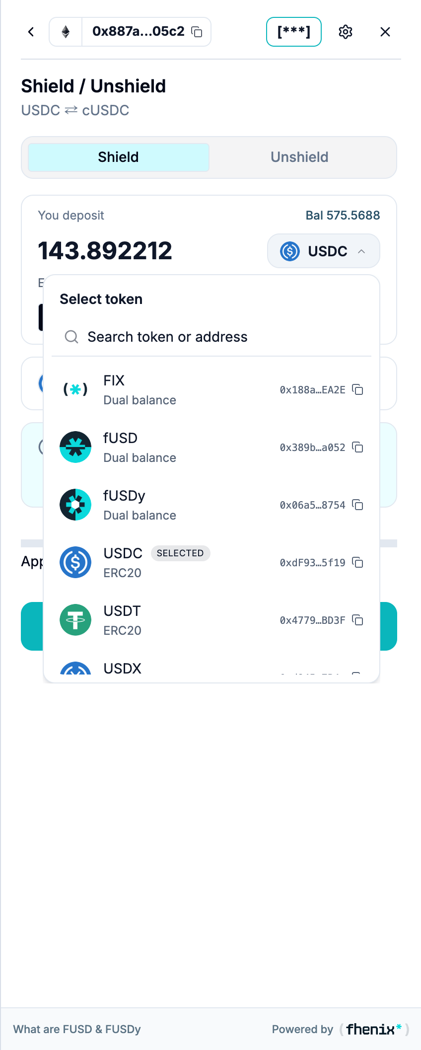 Token selector listing assets with ticker, type badge, balance, and value, with one row highlighted