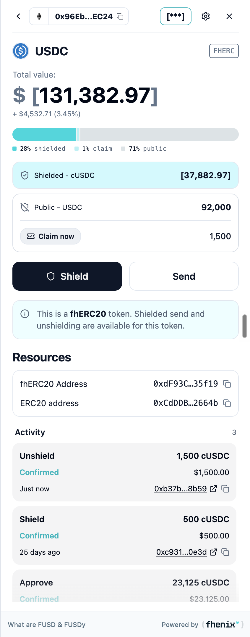 Token details with a balance split, a claimable amount, and a Claim now button
