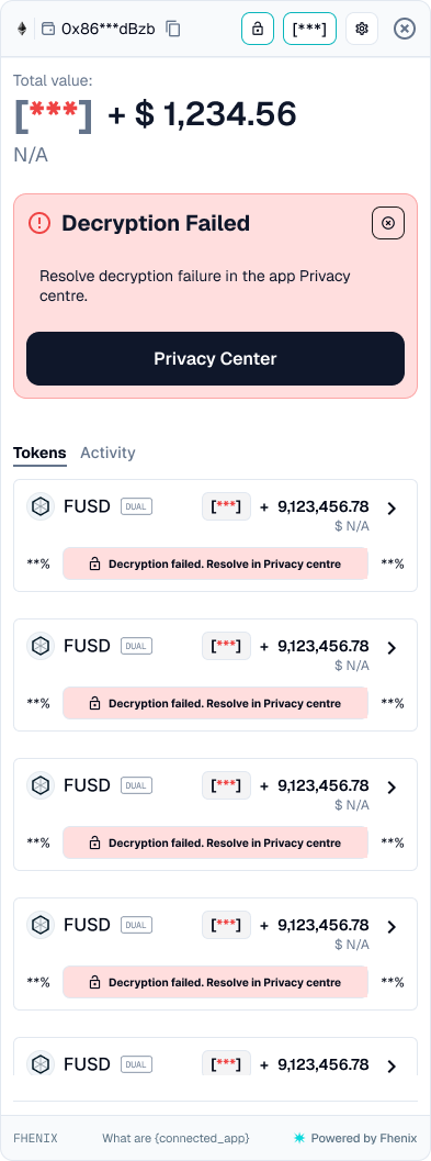 Portfolio with a masked private total, a Decryption Failed banner with a Privacy Center button, and token rows that each show a Decryption failed message