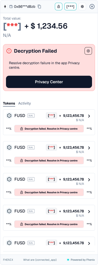 Portfolio with a masked private total, a Decryption Failed banner with a Privacy Center button, and token rows that each show a Decryption failed message