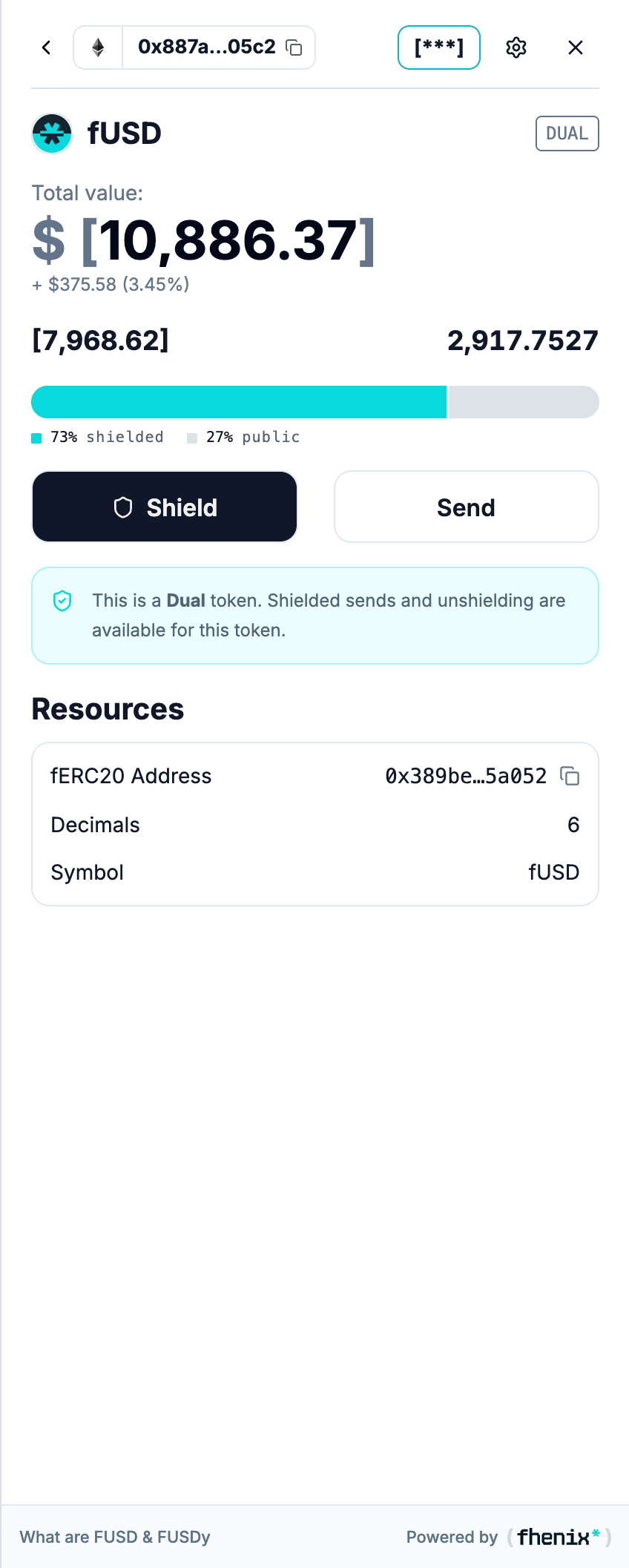 Details screen for a DUAL token with private and public amounts, a balance bar, and Shield and Send buttons