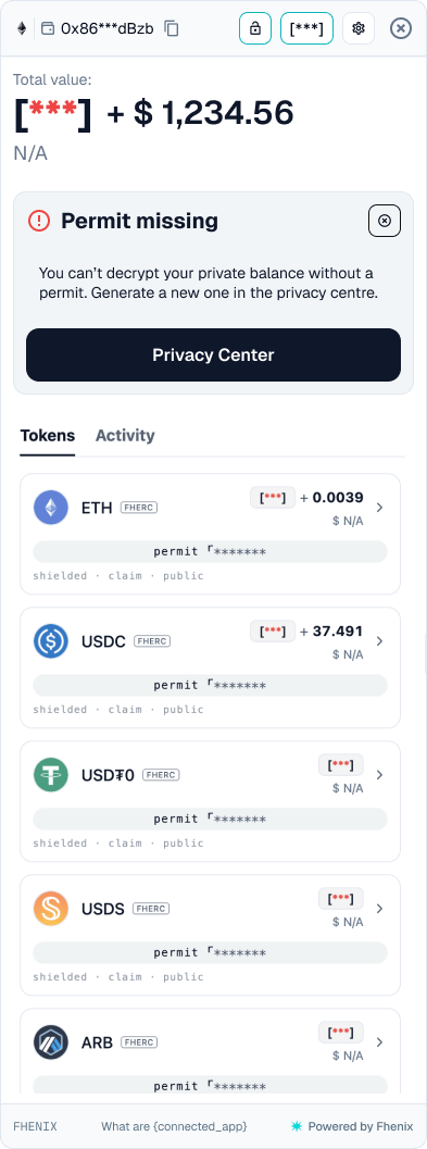 Portfolio with a masked private total, a Permit missing banner with a Privacy Center button, and token rows with masked amounts and a permit placeholder bar