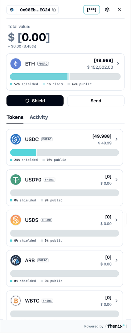 Wallet portfolio showing the address header, total value, a pinned ETH card with a balance bar, Shield and Send buttons, Tokens and Activity tabs, and token rows with type badges and balance bars