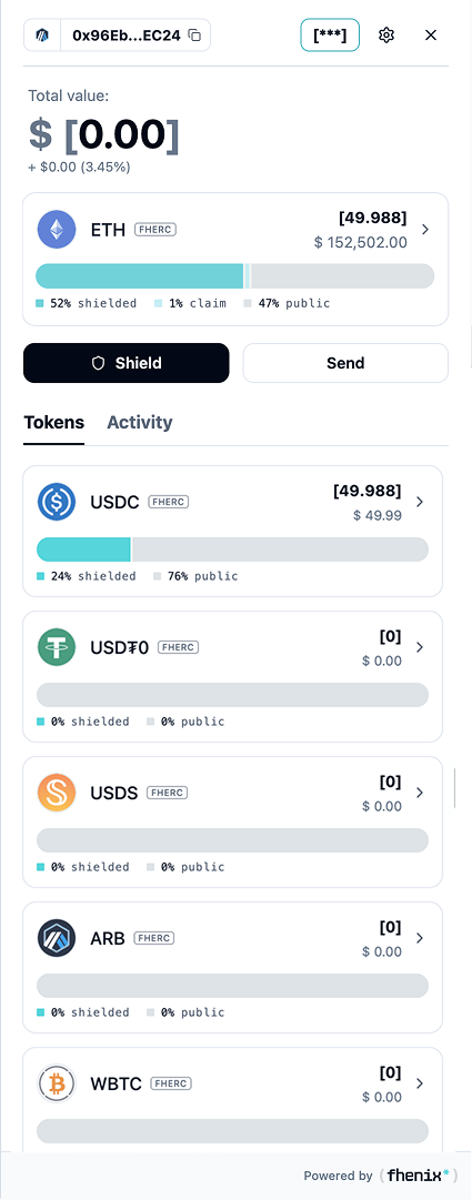 Wallet portfolio showing the address header, total value, a pinned ETH card with a balance bar, Shield and Send buttons, Tokens and Activity tabs, and token rows with type badges and balance bars