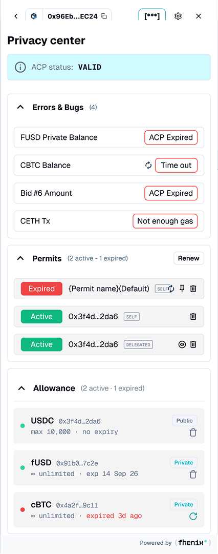Privacy Center with ACP status, an Errors and Bugs list, a Permits section with Renew, and an Allowance section