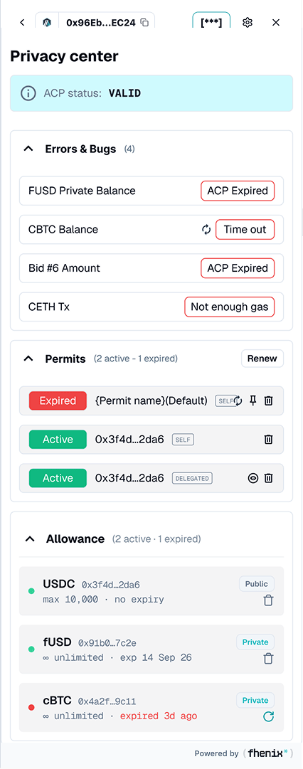 Privacy Center with ACP status, an Errors and Bugs list, a Permits section with Renew, and an Allowance section