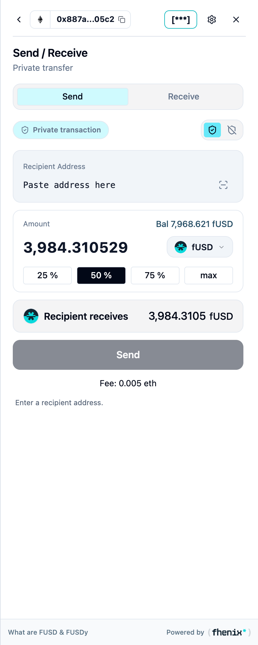 Send form with a privacy mode control, recipient address, amount and token fields, a Recipient receives summary, and a fee